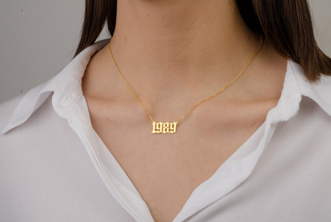 Custom number necklace gold, solid gold lucky number necklace, date number necklace 