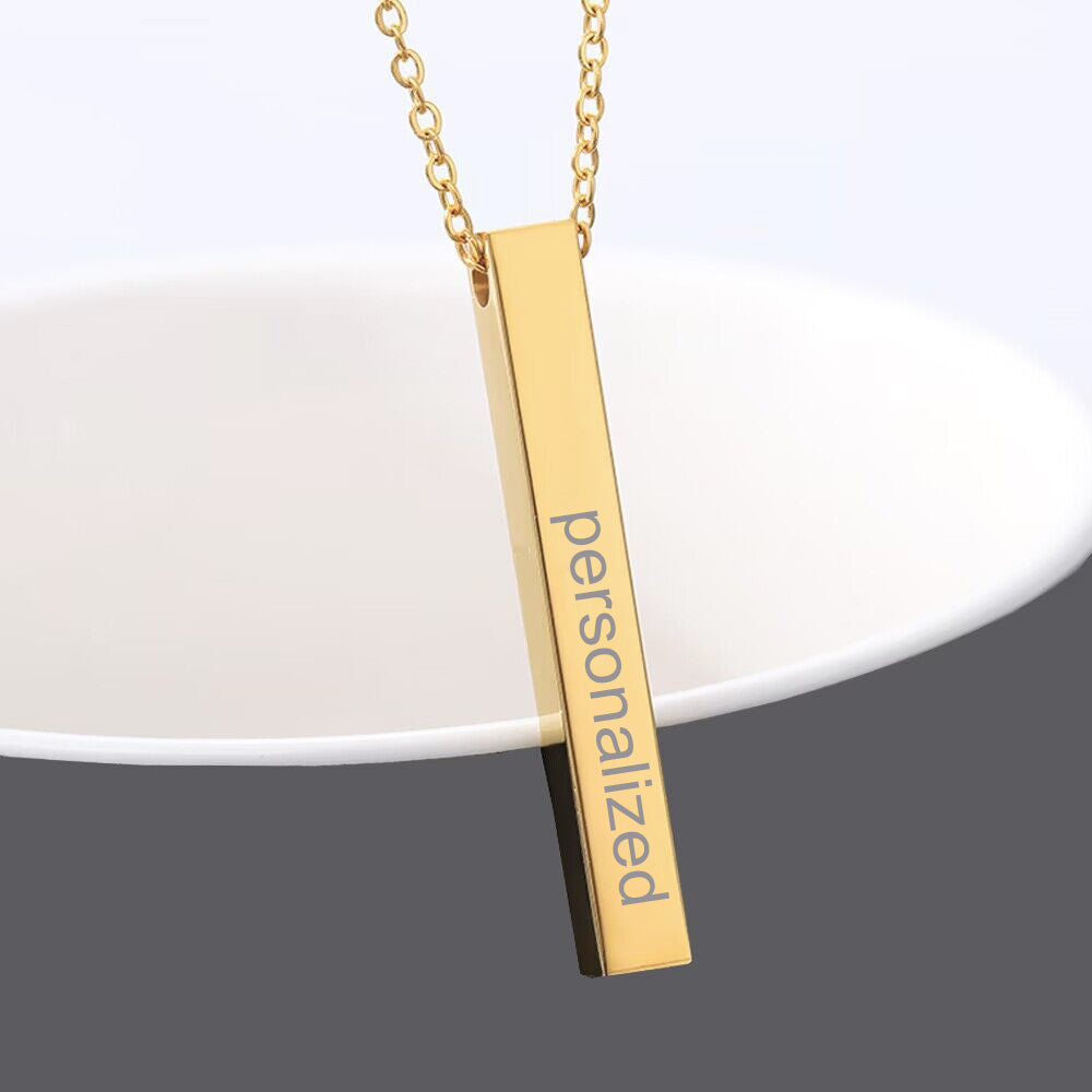 Custom Engraved Vertical Name Bar Necklace- Solid 14K| 18K Gold