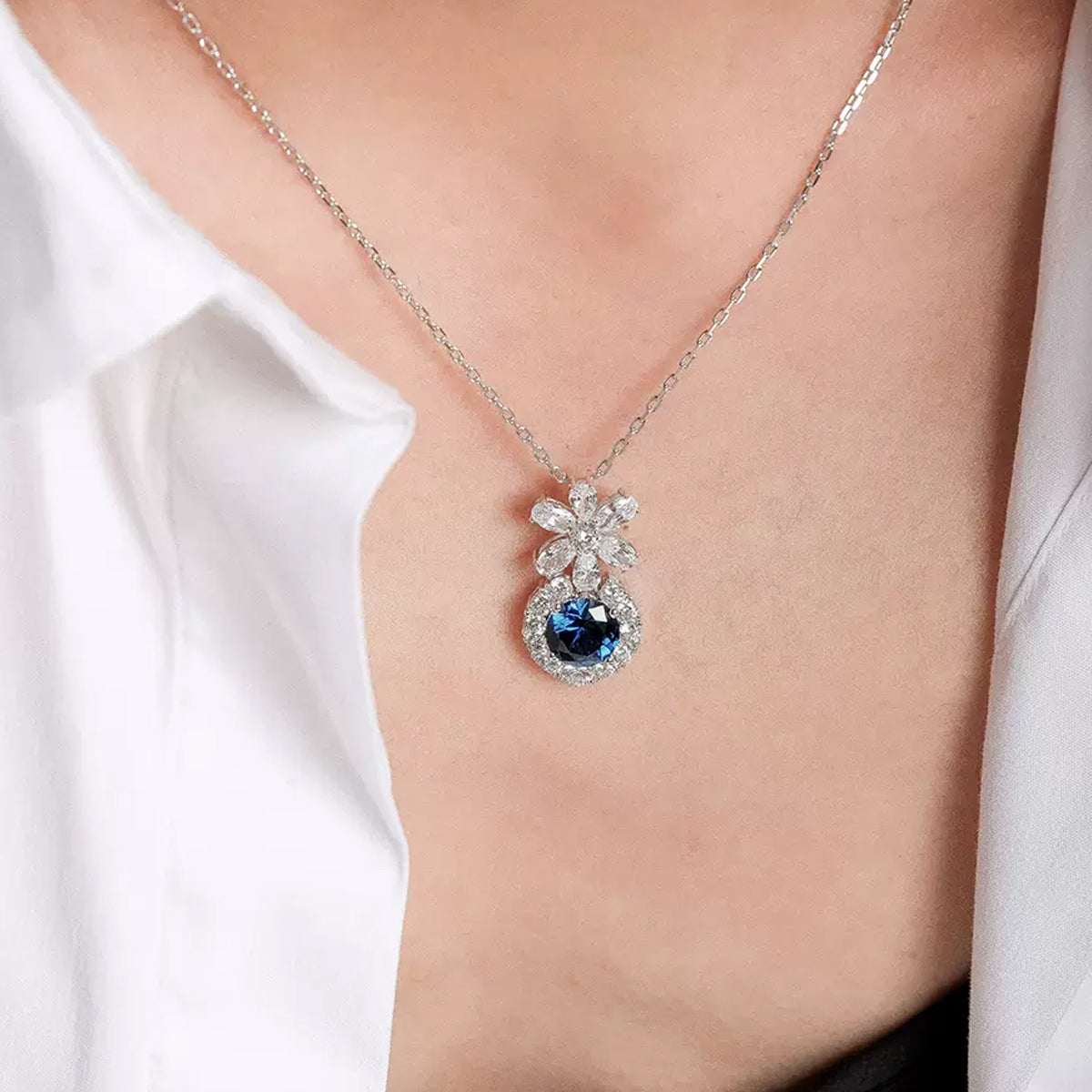Siliice Jewelry - Sapphire Series -  Royal Blue Necklace Full of Diamonds with Clavicle Chain For Women