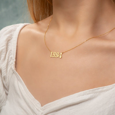 Birth Year Necklace, Year Necklace Gold, Old English Letter Number Necklace