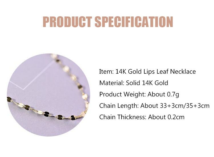 Solid 14K Gold Lips Leaf Unadorned Necklace