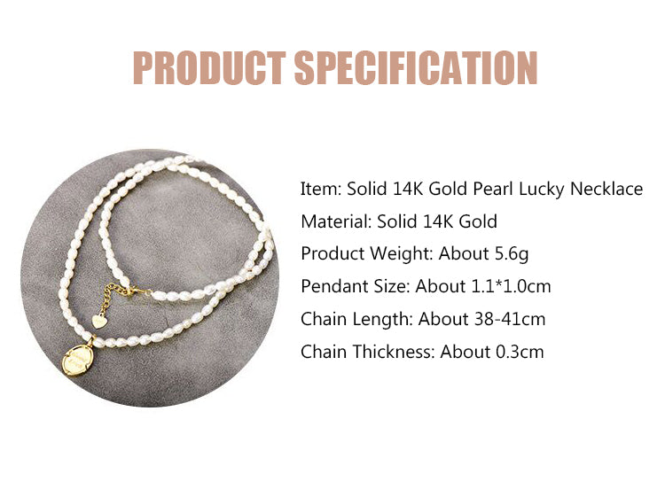 Solid 14K Gold Pearl Lucky Necklace