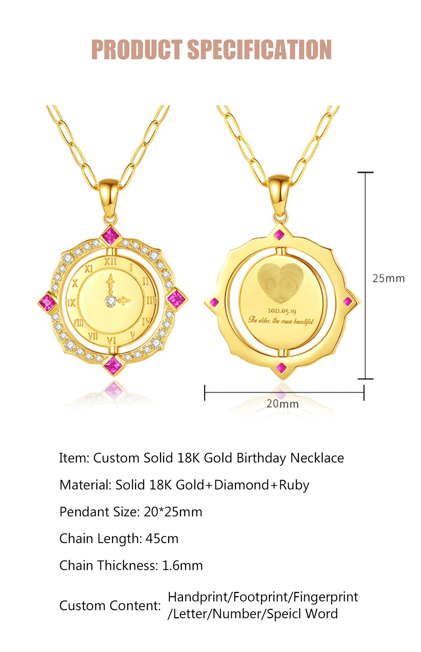 Custom Handprint Footprint Birthday Diamond Ruby Necklace-Solid 18K Gold