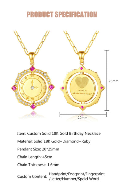 Custom Handprint Footprint Birthday Diamond Ruby Necklace-Solid 18K Gold