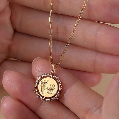 Custom Handprint Footprint Birthday Necklace For baby-Solid 18K Gold