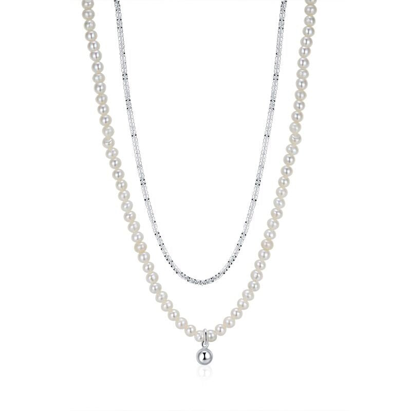 Double Layer Narural Pearl Necklace-S925 Solid Silver