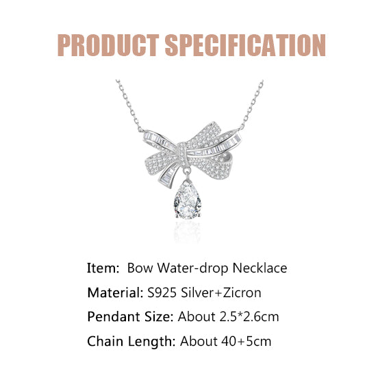 Bow Water-drop Zircon Necklace-S925 Solid Silver